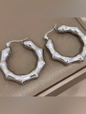 Chunky Silver Bamboo Hoop Earrings